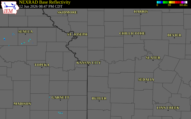 NEXRAD radar during the Friday, June 12, 2026 storm activity in Clay County, Missouri