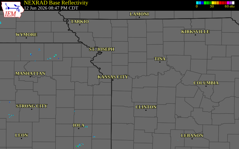 Radar snapshot during the Jun 12, 2026 tornado event near Liberty, Clay County, Missouri, with NWS warning polygons