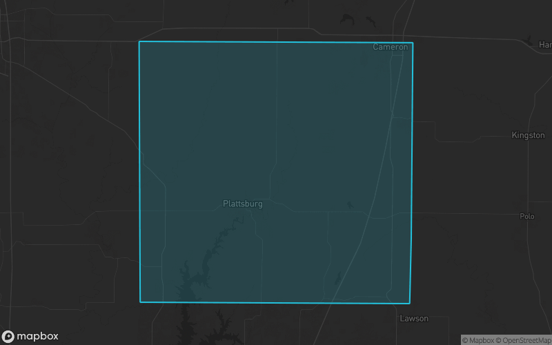 Map of Clinton County, Missouri showing the county boundary and surrounding cities