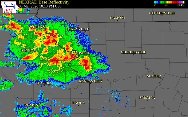 NEXRAD radar during the Thursday, March 5, 2026 storm activity in Clinton County, Missouri