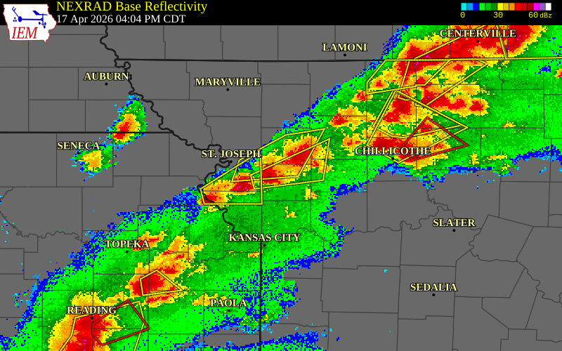 NEXRAD radar during the Friday, April 17, 2026 storm activity in Clinton County, Missouri