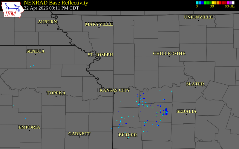 NEXRAD radar during the Wednesday, April 22, 2026 storm activity in Clinton County, Missouri