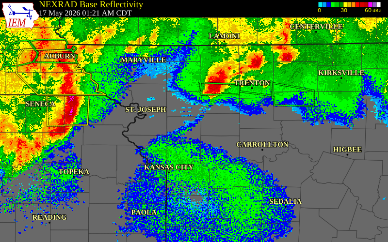 NEXRAD radar during the Sunday, May 17, 2026 storm activity in Clinton County, Missouri