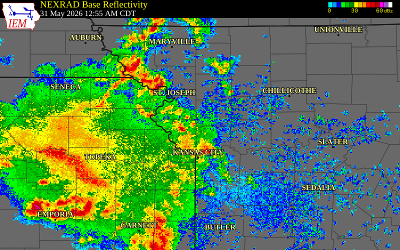 NEXRAD radar during the Sunday, May 31, 2026 storm activity in Clinton County, Missouri