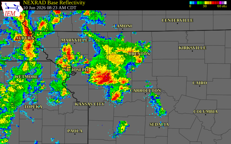 NEXRAD radar during the Wednesday, June 10, 2026 storm activity in Clinton County, Missouri