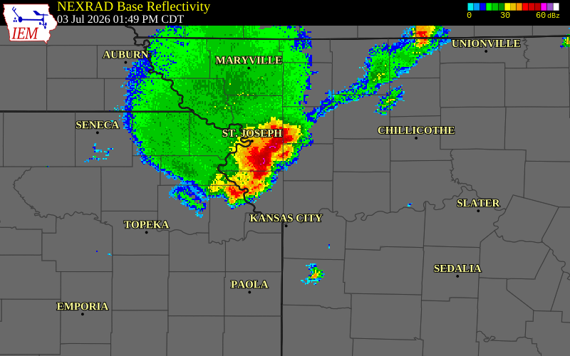 NEXRAD radar during the Friday, July 3, 2026 storm activity in Clinton County, Missouri