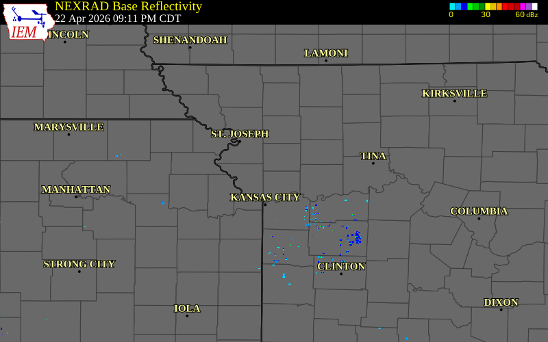 Radar snapshot during the Apr 22, 2026 tornado event near 4 ESE Trimble, Clinton County, Missouri, with NWS warning polygons