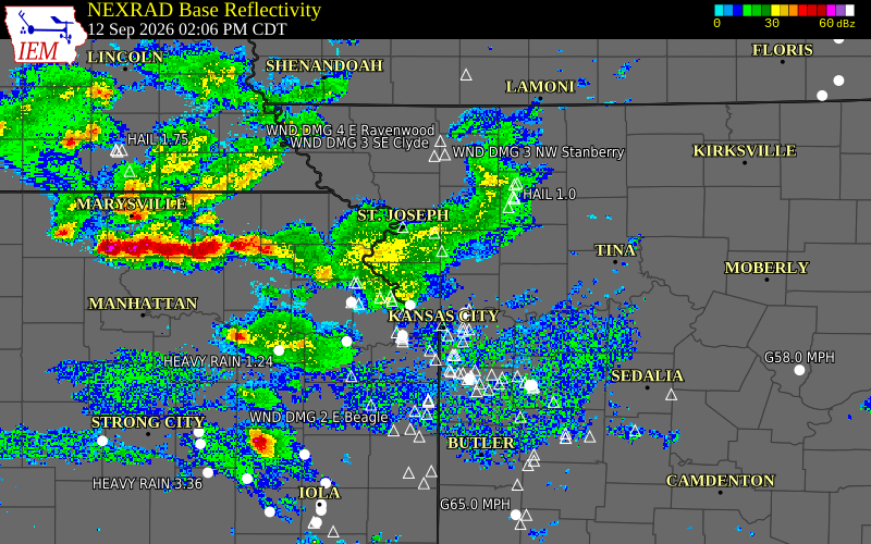 Current NEXRAD radar over Clinton County, Missouri with recent storm report locations