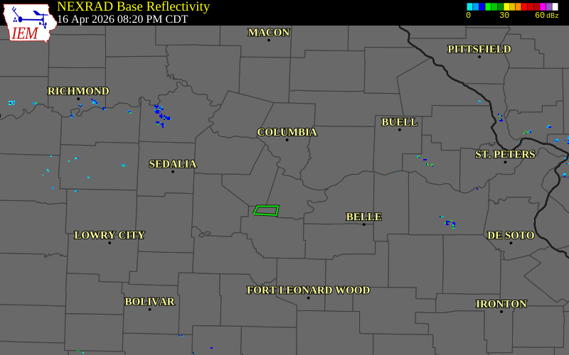 NEXRAD radar during the Thursday, April 16, 2026 storm activity in Cole County, Missouri