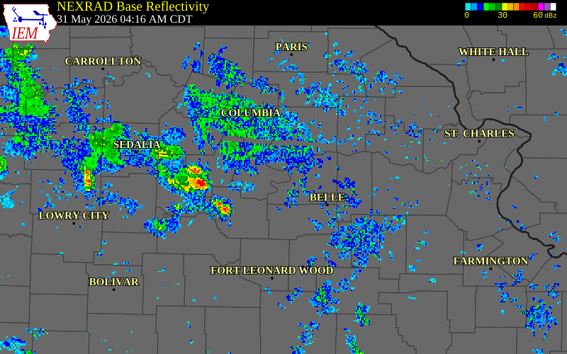 NEXRAD radar during the Sunday, May 31, 2026 storm activity in Cole County, Missouri