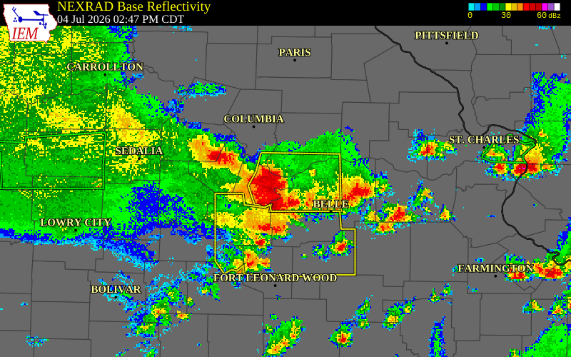NEXRAD radar during the Saturday, July 4, 2026 storm activity in Cole County, Missouri