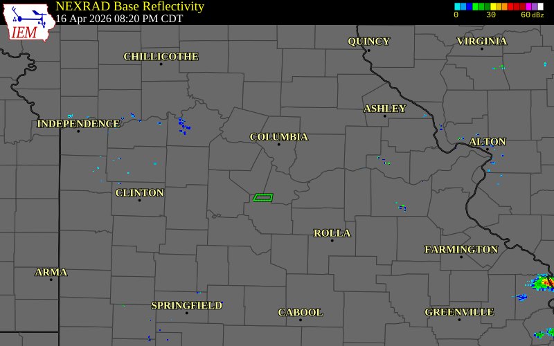 Radar snapshot during the Apr 16, 2026 tornado event near 2 SSE Marion, Cole County, Missouri, with NWS warning polygons