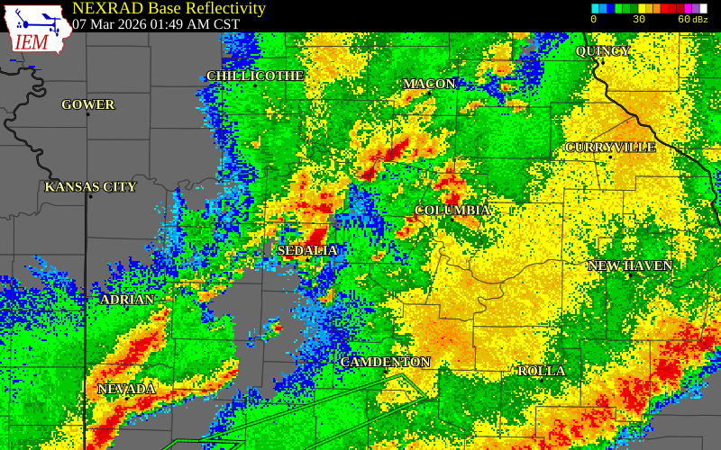 NEXRAD radar during the Saturday, March 7, 2026 storm activity in Cooper County, Missouri
