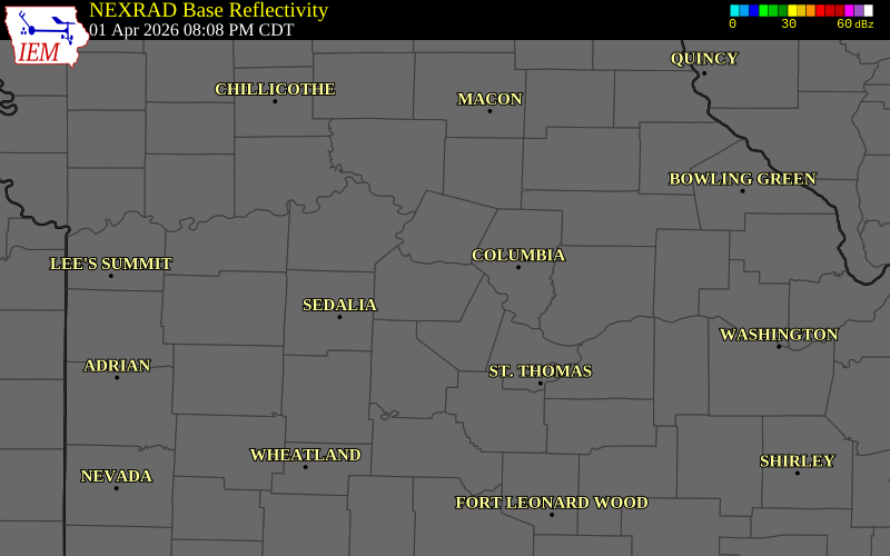 NEXRAD radar during the Wednesday, April 1, 2026 storm activity in Cooper County, Missouri