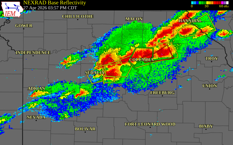 NEXRAD radar during the Monday, April 27, 2026 storm activity in Cooper County, Missouri