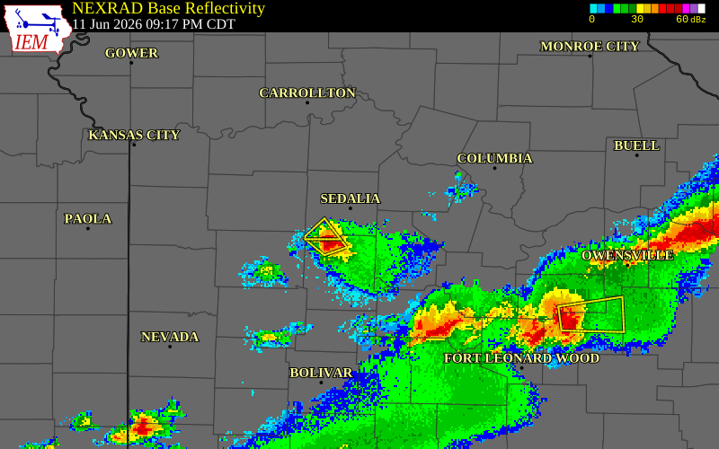 NEXRAD radar during the Thursday, June 11, 2026 storm activity in Cooper County, Missouri
