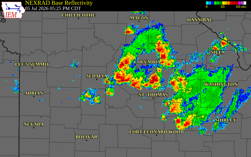 NEXRAD radar during the Sunday, July 5, 2026 storm activity in Cooper County, Missouri