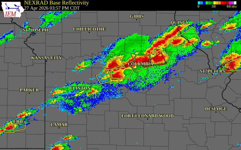 Radar snapshot during the Apr 27, 2026 hail event near 2 SSW Bunceton, Cooper County, Missouri, with NWS warning polygons