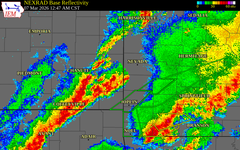 NEXRAD radar during the Saturday, March 7, 2026 storm activity in Crawford County, Missouri