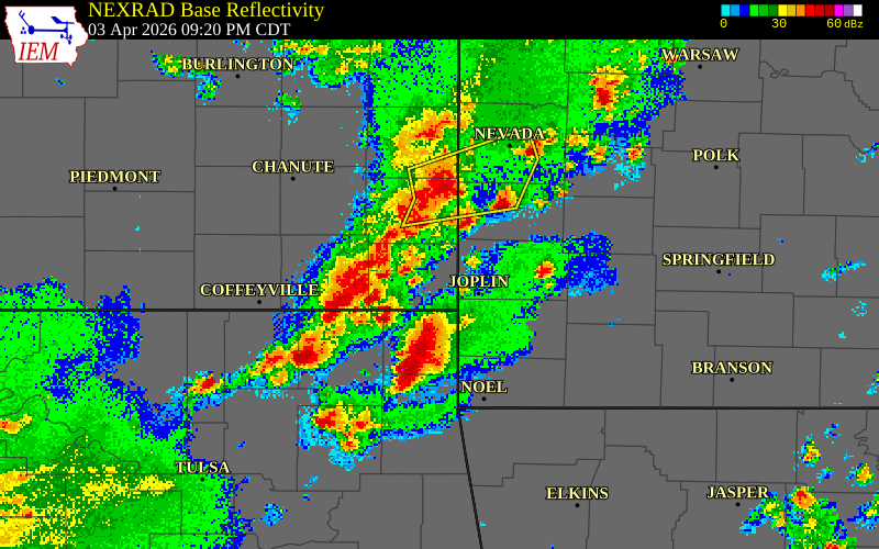 NEXRAD radar during the Friday, April 3, 2026 storm activity in Crawford County, Missouri