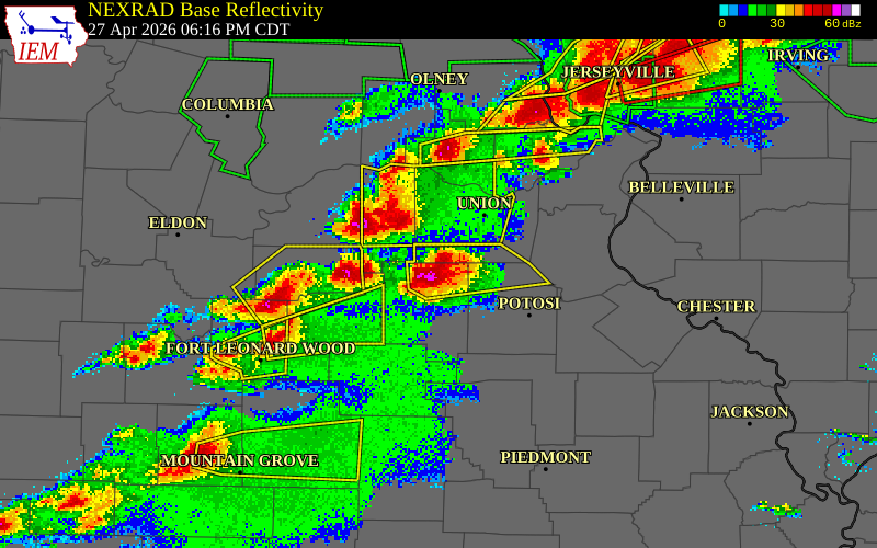 NEXRAD radar during the Monday, April 27, 2026 storm activity in Crawford County, Missouri