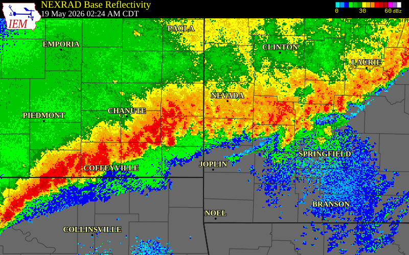 NEXRAD radar during the Tuesday, May 19, 2026 storm activity in Crawford County, Missouri