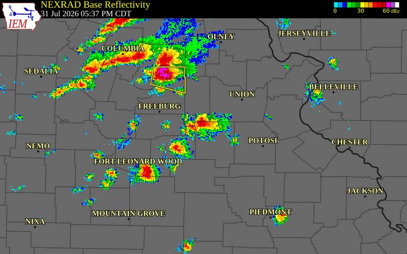 NEXRAD radar during the Friday, July 31, 2026 storm activity in Crawford County, Missouri