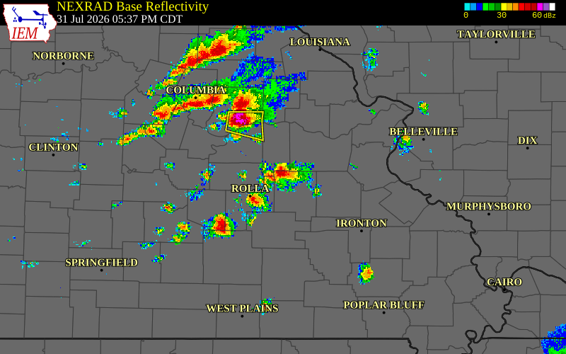 Radar snapshot during the Jul 31, 2026 tornado event near 4 SSW Oak Hill, Crawford County, Missouri, with NWS warning polygons