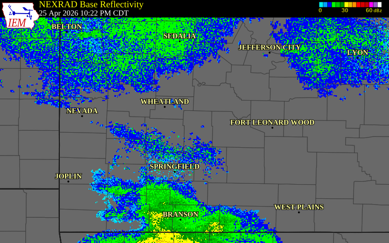NEXRAD radar during the Saturday, April 25, 2026 storm activity in Dallas County, Missouri