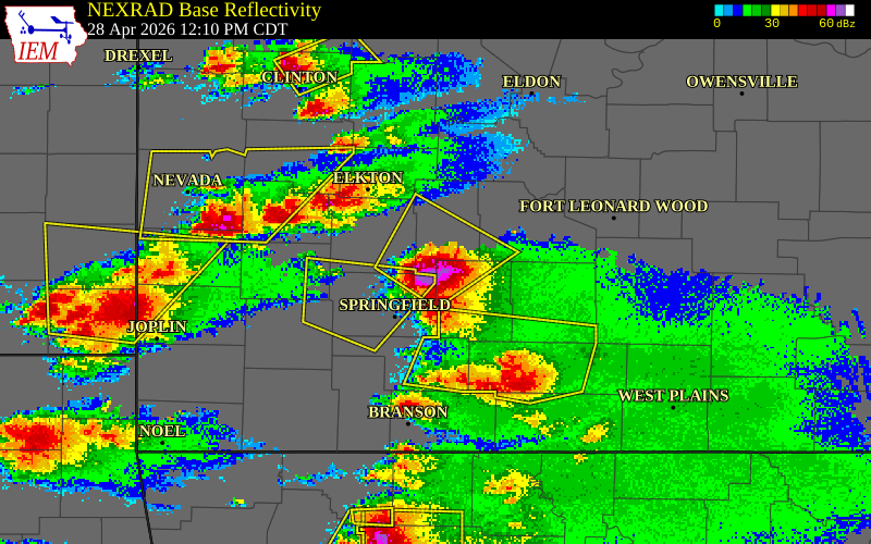NEXRAD radar during the Tuesday, April 28, 2026 storm activity in Dallas County, Missouri