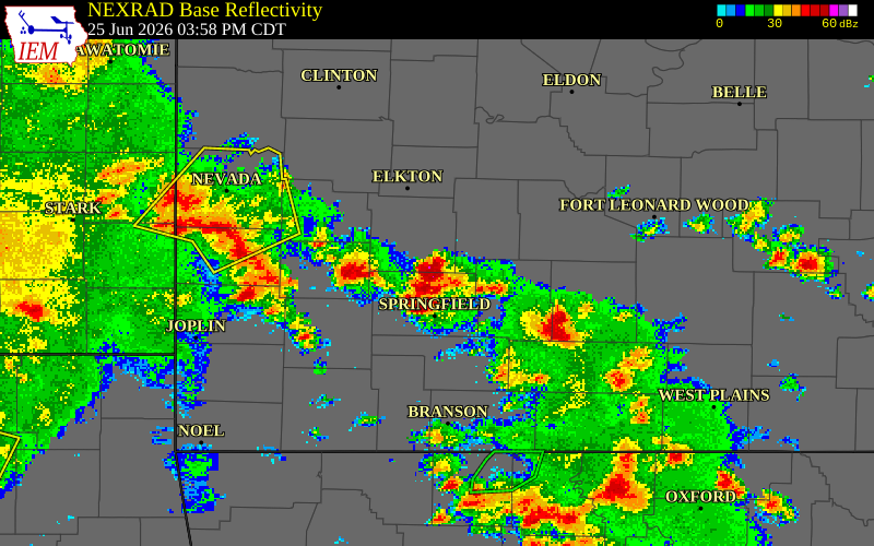 NEXRAD radar during the Thursday, June 25, 2026 storm activity in Dallas County, Missouri