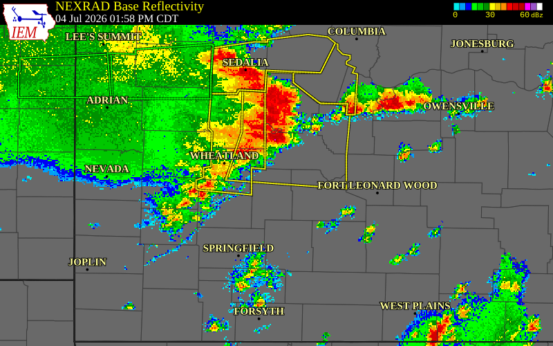 NEXRAD radar during the Saturday, July 4, 2026 storm activity in Dallas County, Missouri
