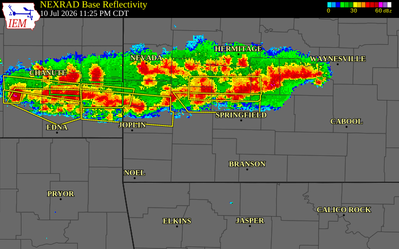 NEXRAD radar during the Friday, July 10, 2026 storm activity in Dallas County, Missouri