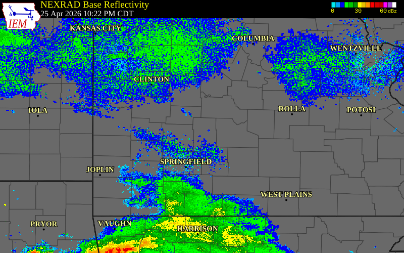 Radar snapshot during the Apr 25, 2026 tornado event near 3 NNE Pumpkin Center, Dallas County, Missouri, with NWS warning polygons