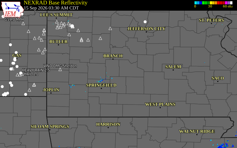 Current NEXRAD radar over Dallas County, Missouri with recent storm report locations