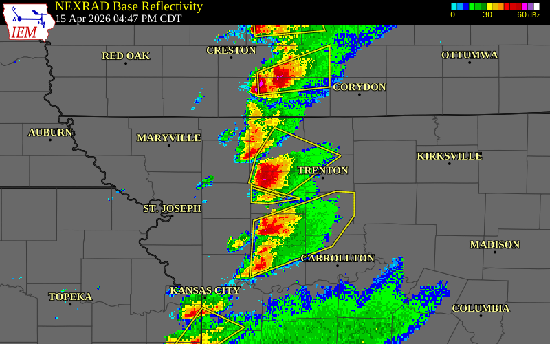 NEXRAD radar during the Wednesday, April 15, 2026 storm activity in Daviess County, Missouri