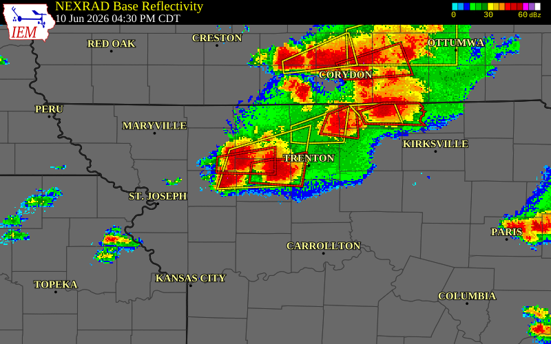 NEXRAD radar during the Wednesday, June 10, 2026 storm activity in Daviess County, Missouri