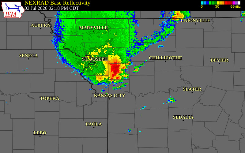 NEXRAD radar during the Friday, July 3, 2026 storm activity in Daviess County, Missouri