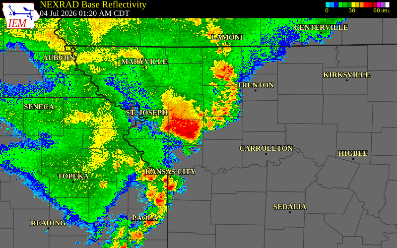 NEXRAD radar during the Saturday, July 4, 2026 storm activity in Daviess County, Missouri