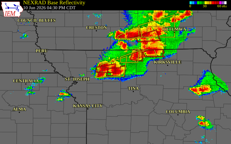 Radar snapshot during the Jun 10, 2026 tornado event near 5 ENE Jameson, Daviess County, Missouri, with NWS warning polygons