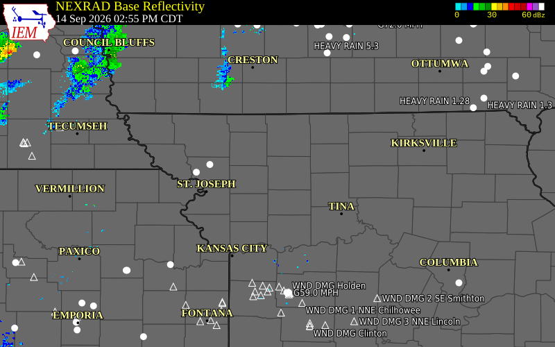 Current NEXRAD radar over Daviess County, Missouri with recent storm report locations