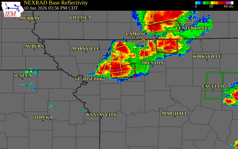 NEXRAD radar during the Wednesday, June 10, 2026 storm activity in DeKalb County, Missouri