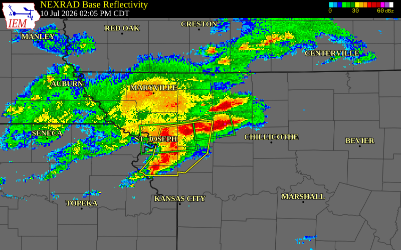 NEXRAD radar during the Friday, July 10, 2026 storm activity in DeKalb County, Missouri