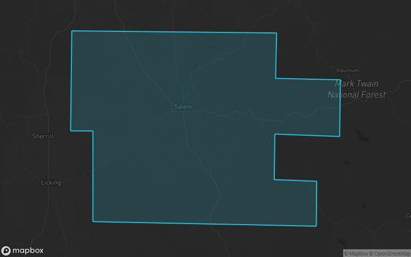 Map of Dent County, Missouri showing the county boundary and surrounding cities