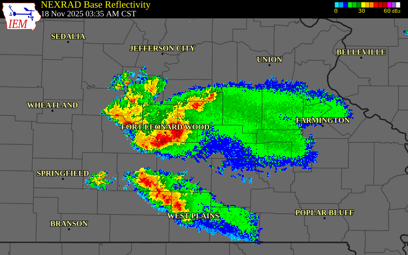 NEXRAD radar during the Tuesday, November 18, 2025 storm activity in Dent County, Missouri