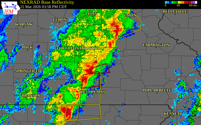 NEXRAD radar during the Sunday, March 15, 2026 storm activity in Dent County, Missouri