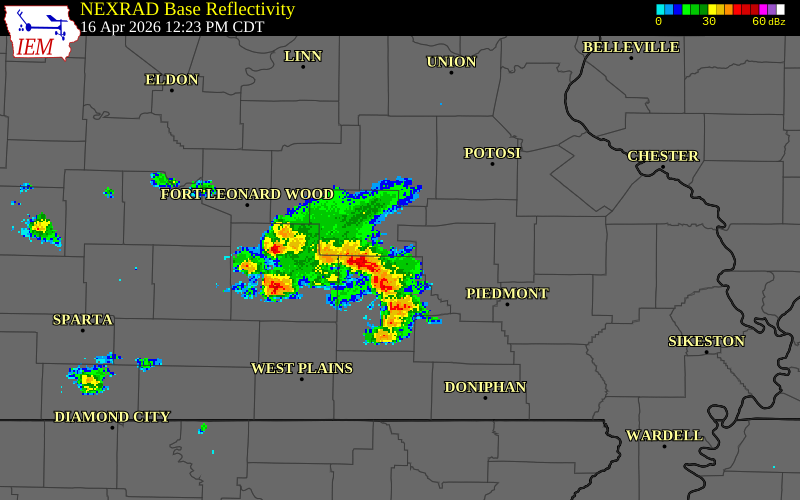 NEXRAD radar during the Thursday, April 16, 2026 storm activity in Dent County, Missouri