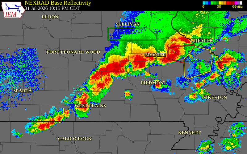 NEXRAD radar during the Friday, July 31, 2026 storm activity in Dent County, Missouri