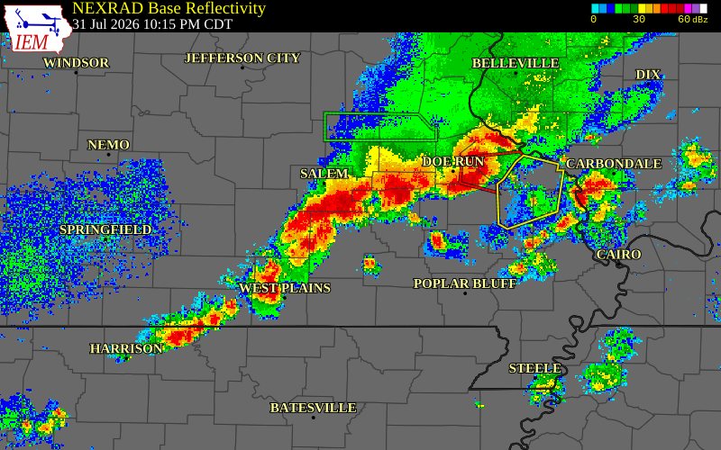 Radar snapshot during the Jul 31, 2026 wind event near Dent County, Dent County, Missouri, with NWS warning polygons