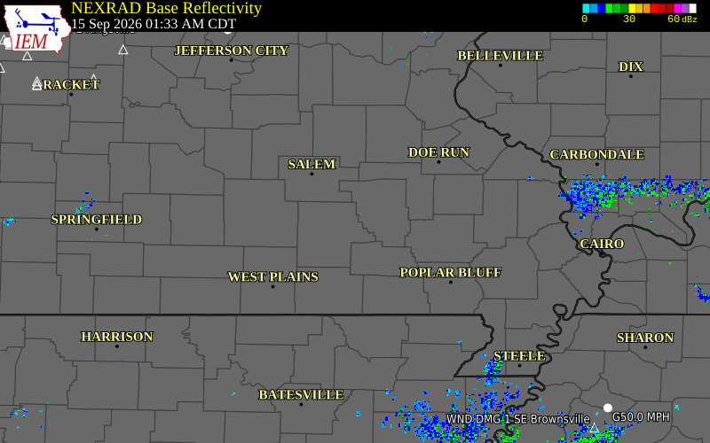 Current NEXRAD radar over Dent County, Missouri with recent storm report locations